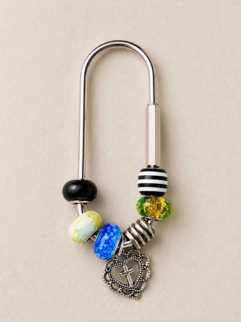 Silver-tone Beaded Safety Pin Charm with Multicolor Glass Beads